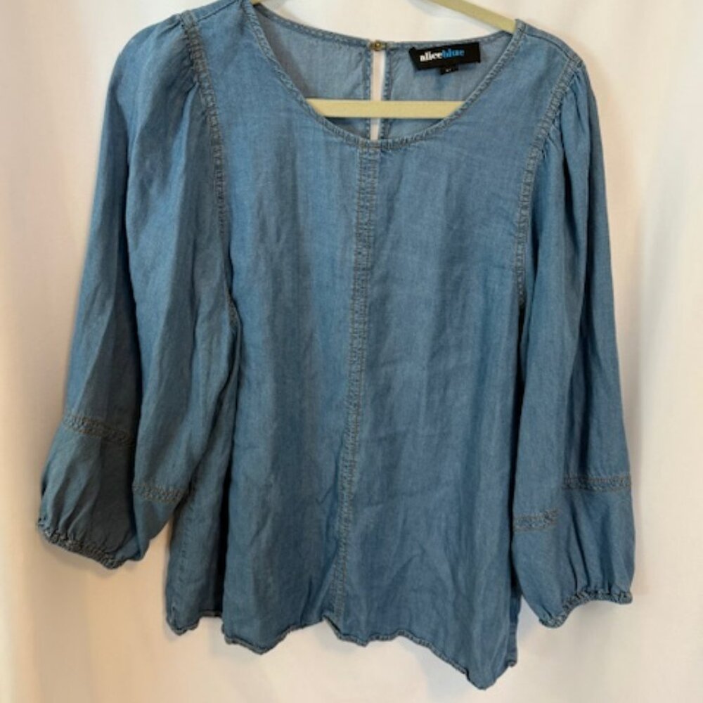 Alice Blue Y2K Denim Chambray Blue‎ Cotton Blouse Puff Sleeve Casual Size XL
